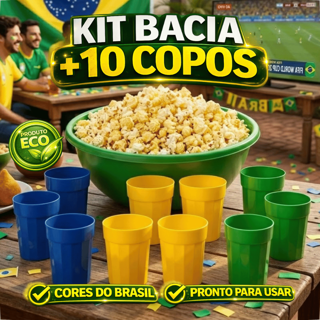 Kit Conjunto Plástico 10 Copos 350ML + Bacia Balde de Pipoca Reutilizavel Seleção Brasileira
