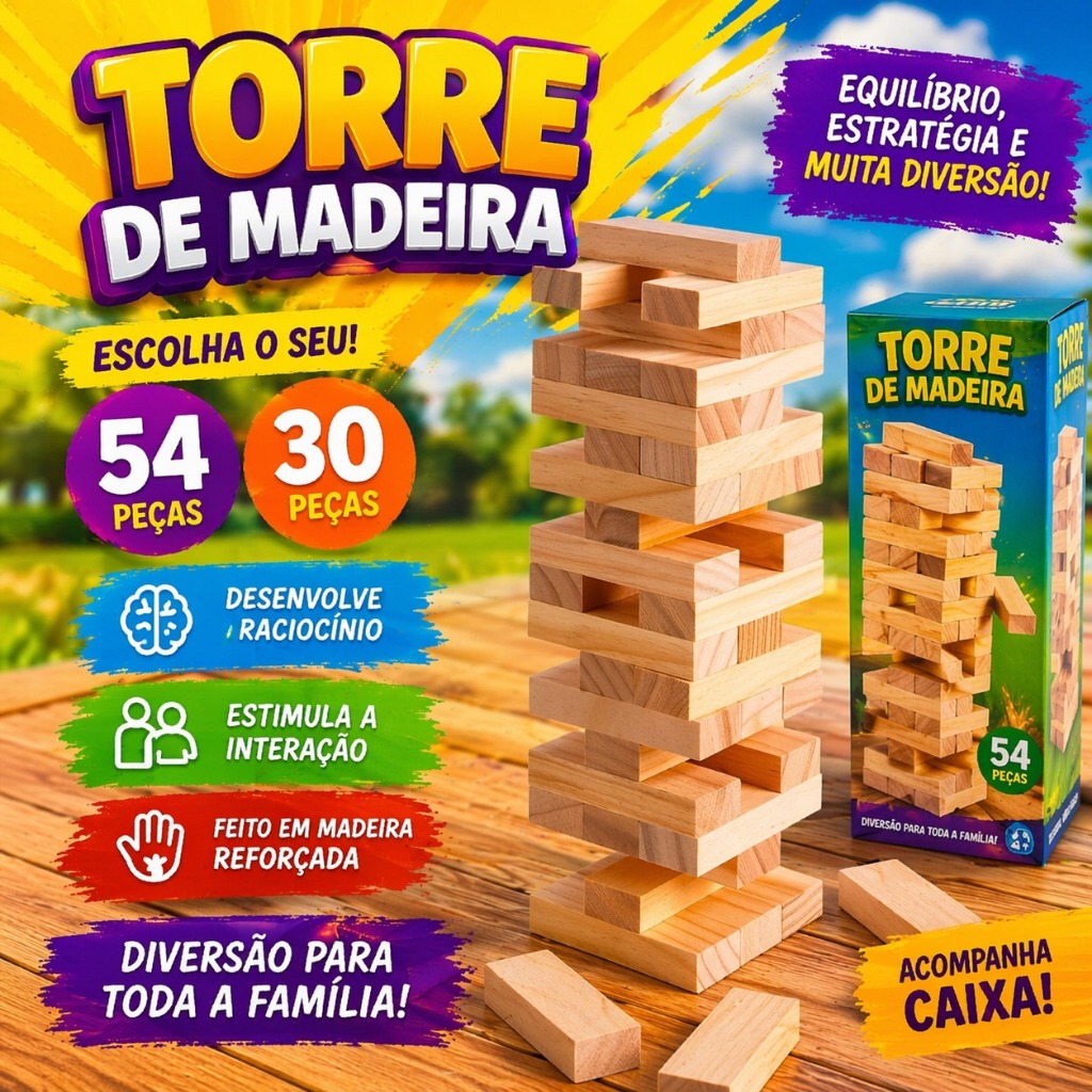 Jogo Caiu Perdeu Torre de Madeira 54 Peças Desenvolve Coordenação Motora Brinquedo