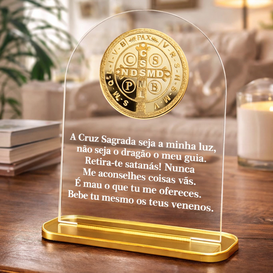 Placa de Mesa com Oração e Medalha de São Bento em Acrílico 12x10