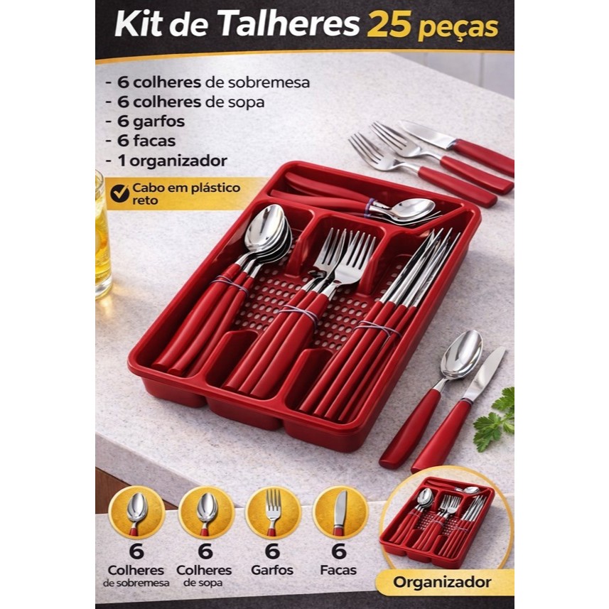 Kit Talheres 25 Peças com Organizador | 6 Garfos, 6 Facas, 12 Colheres (sopa e sobremesa)| Cabo Reto Ecolha a Cor