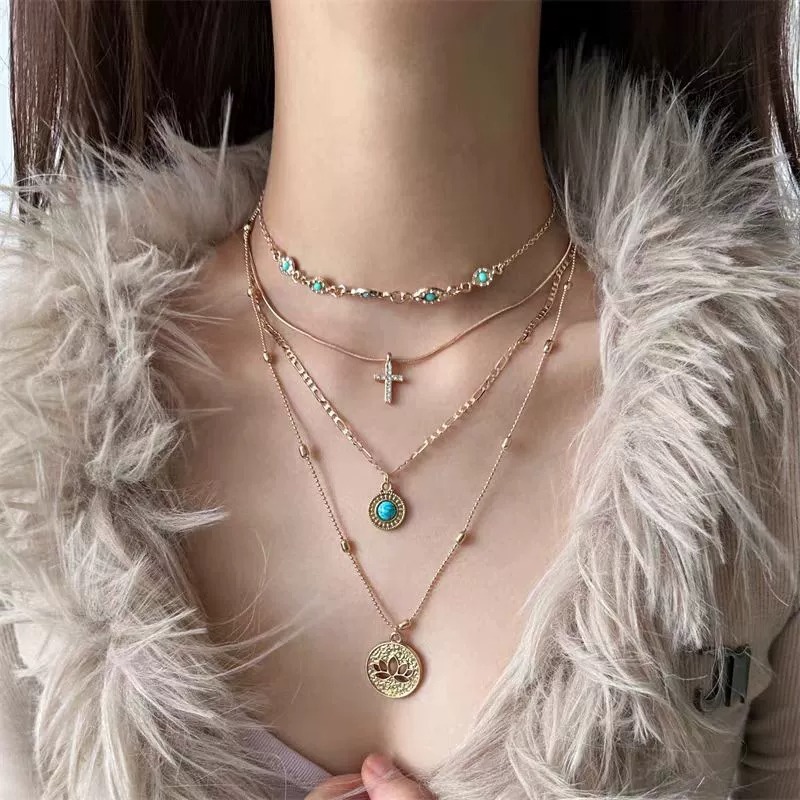 Kit Colares Femininos Dourado Camadas Cruz Turquesa Medalha Luxo Fashion Boho Elegante Presente Delicado