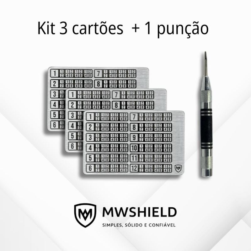 Carteira de Metal Bitcoin BIP 39 | Kit 3 cartões + punção | Cold Wallet p/ Seed Phrase | Cartão aço inox 12 palavras