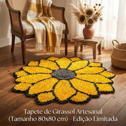 Tapete artesanal em frufru formato de girassol antiderrapante