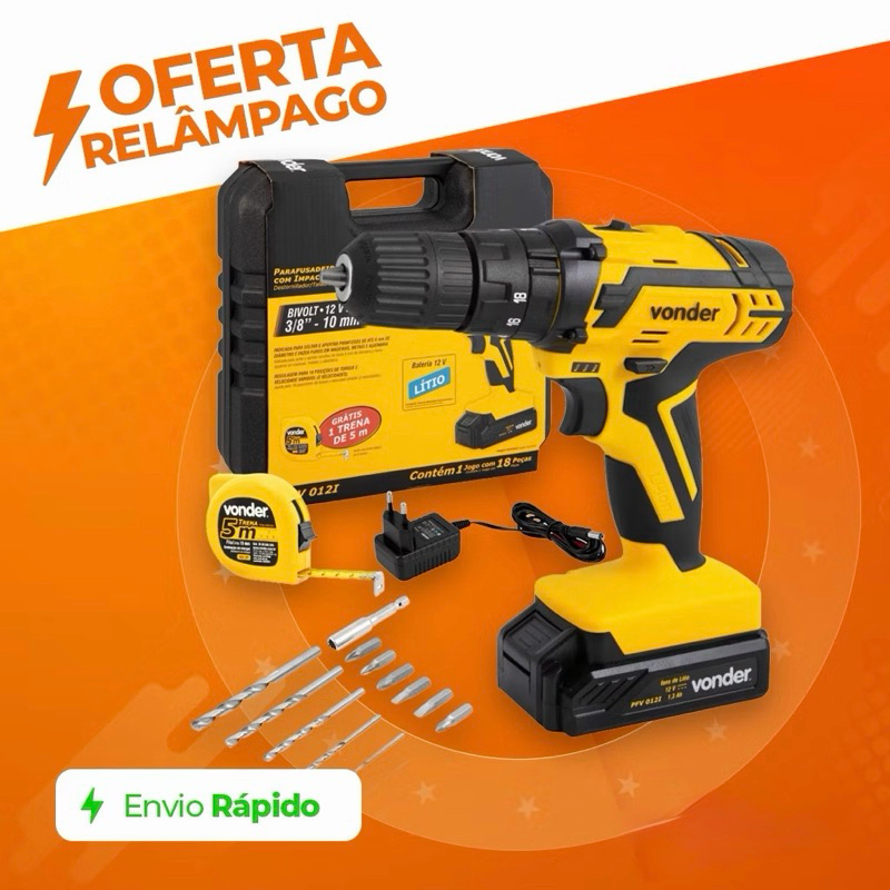 Furadeira e Parafusadeira Vonder PFV012 12V 3/8" Bivolt + 18 Acessórios + Trena 5m - Original