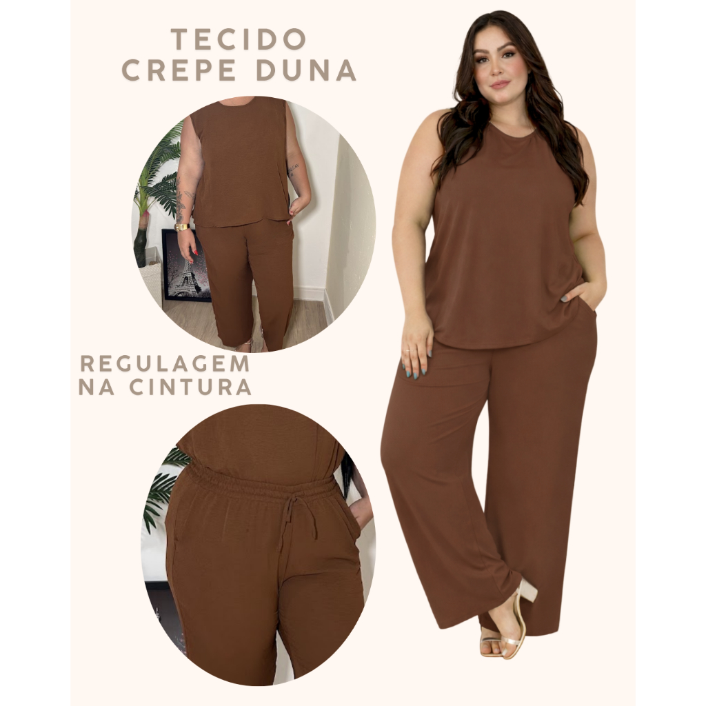 Conjunto Plus Size Feminino 54 ao 60 Tamanho grande Calça e Blusa Regata Crepe Duna Roupa Feminina Evangélico Pantalona — imagem 2 de 2
