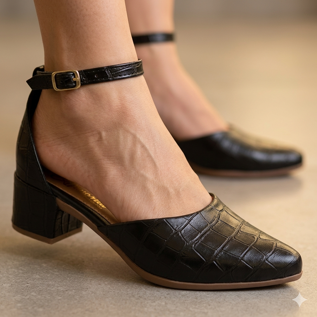 Scarpin Feminino Mule Croco Social Salto Bloco Tamanco Bico Fino Confortável