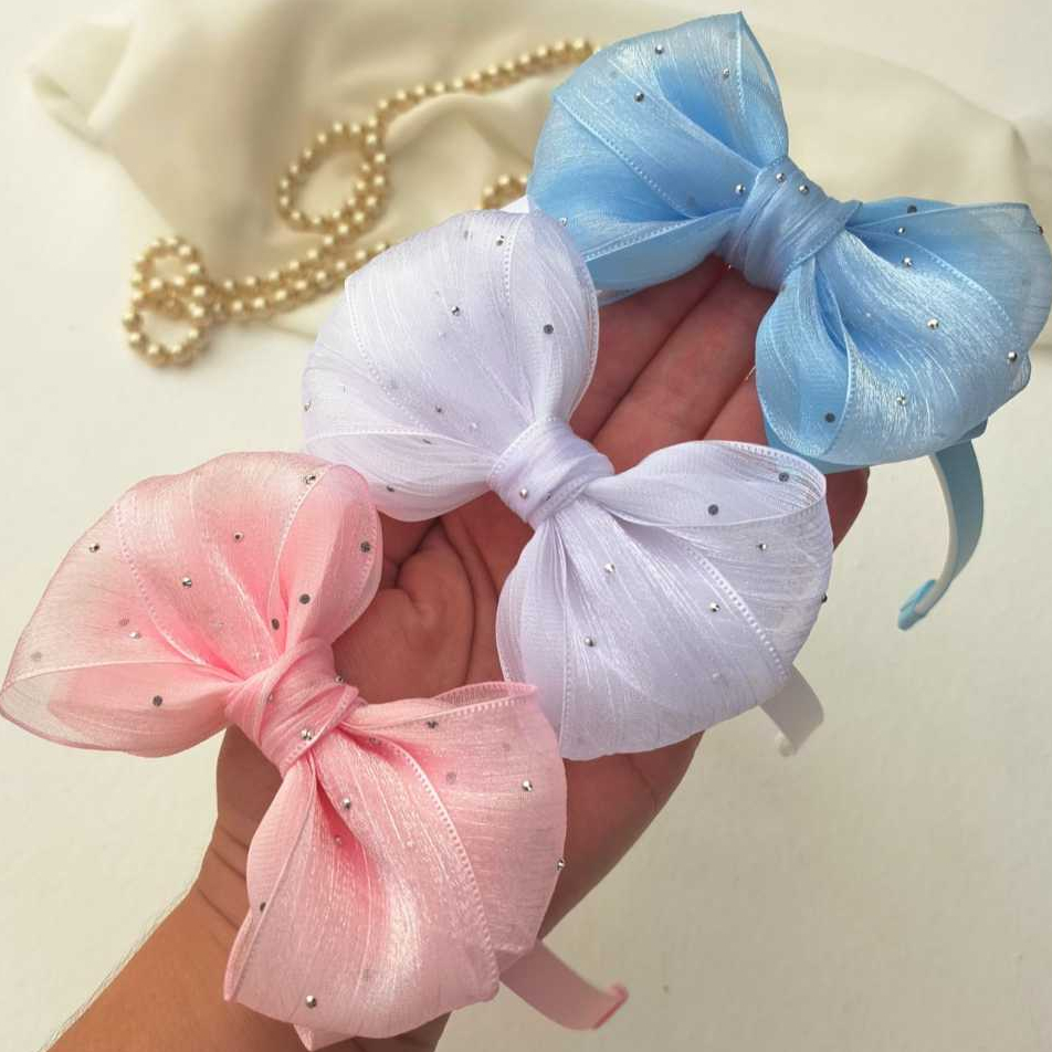 Tiara Arco Infantil Menina Laço Organza Com Brilho Luxo Festa E Batizado