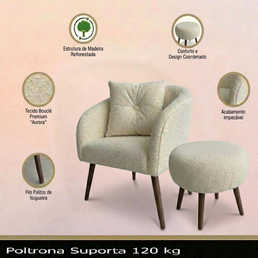 Kit Poltrona e Puff Com Almofada Bouclé Pés Palito Tecido Bouclé Decorativa Orgânica Luxo Reforçada