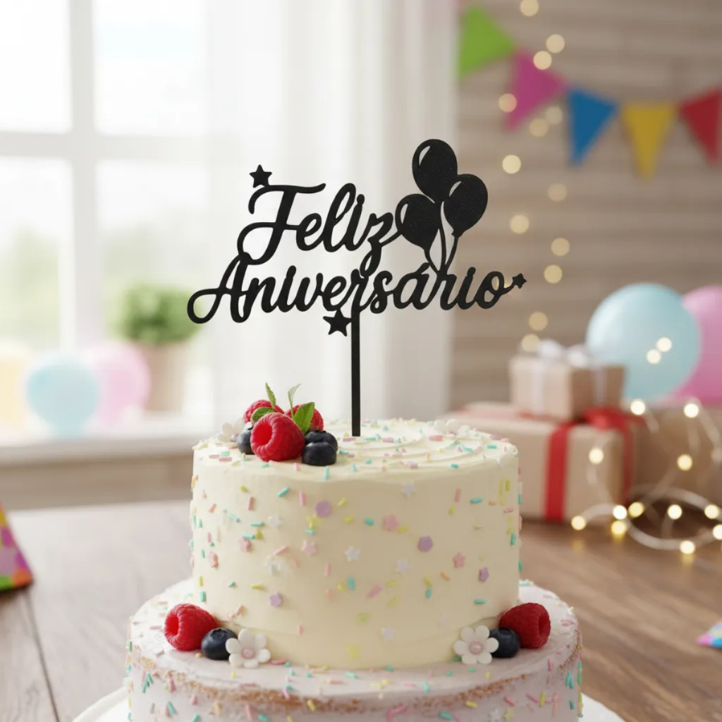 Topo De Bolo Feliz Aniversário 20cm Em 3d Letreiro ENVIO IMEDIATO — imagem 2 de 2
