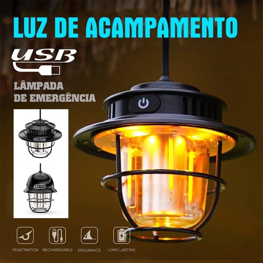 Lâmpada De Emergência Lampião LED Recarregável Retrô Portátil Luminária Camping Para Acampamento