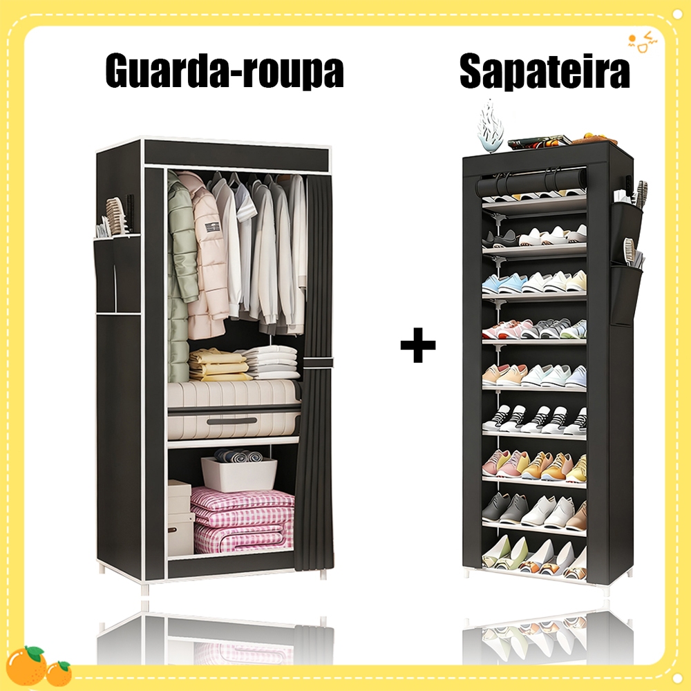 Kit Guarda-Roupa + Sapateira de Lona, Armário Organizador Portátil para Roupas e Calçados, Decoração para Quarto