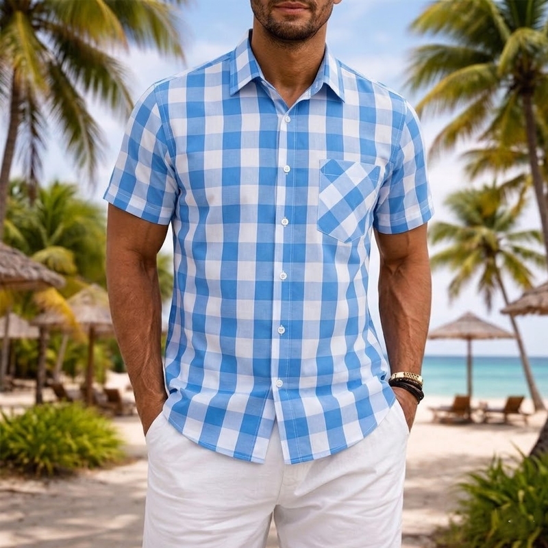 Camisa xadrez de manga curta moderna para homens, ideal para o verão, casual e elegante