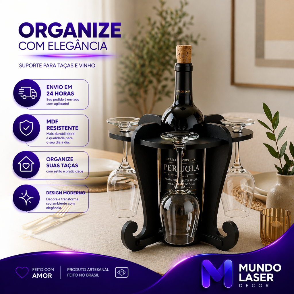 Suporte Vinhos e Taças MDF Porta Garrafas 4 Taças Organizador Decorativo Mesa e Bancada