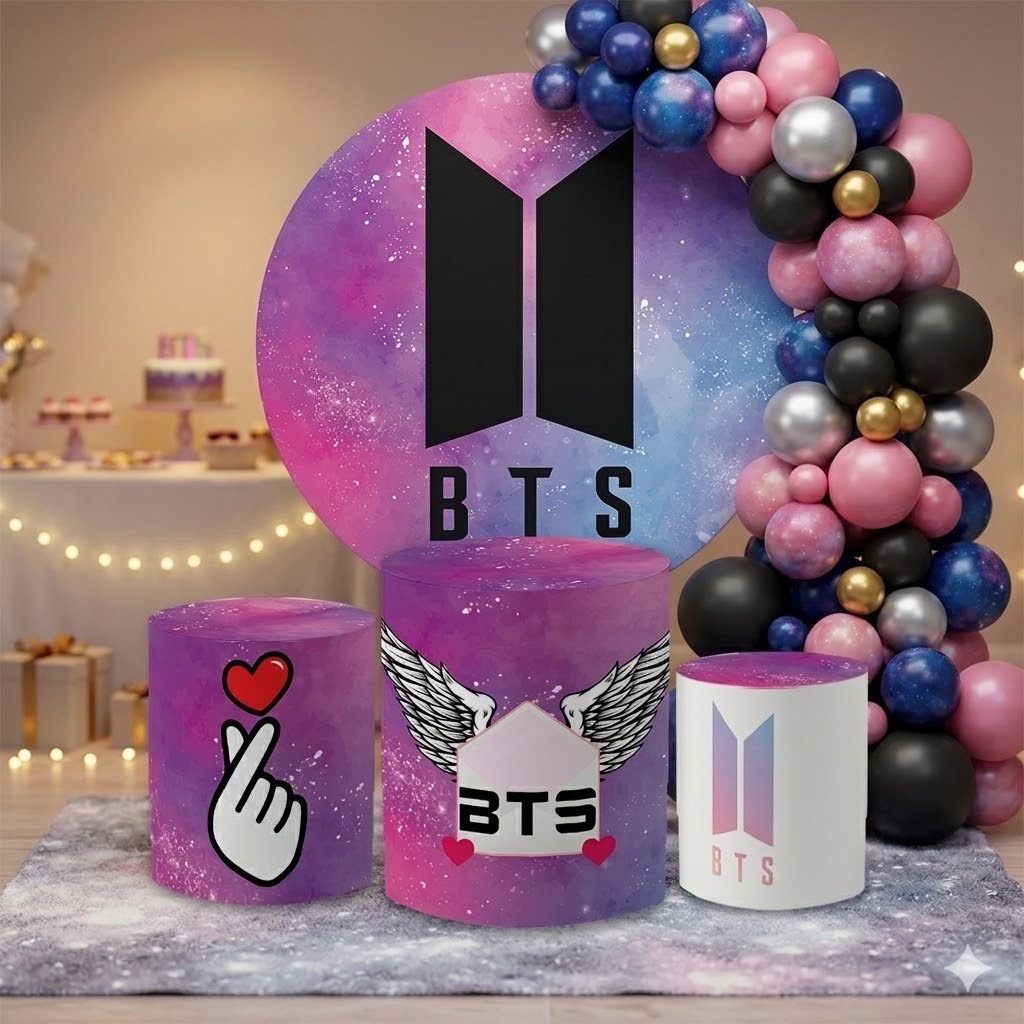 Kit Festa Aniversário Capa Painel + Trio Cilindros Veste Fácil Festa BTS