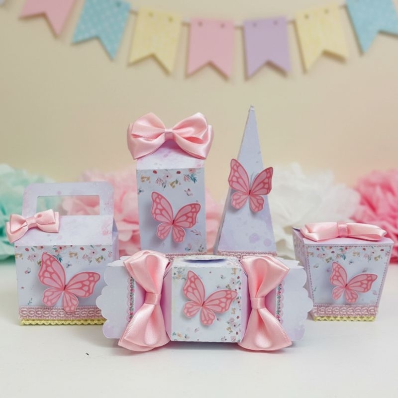Kit Caixinhas jardim das borboletas Pegue Monte Lembrancinhas Personalizadas Apliques 3D festa infantil Menina(Sem Laço)