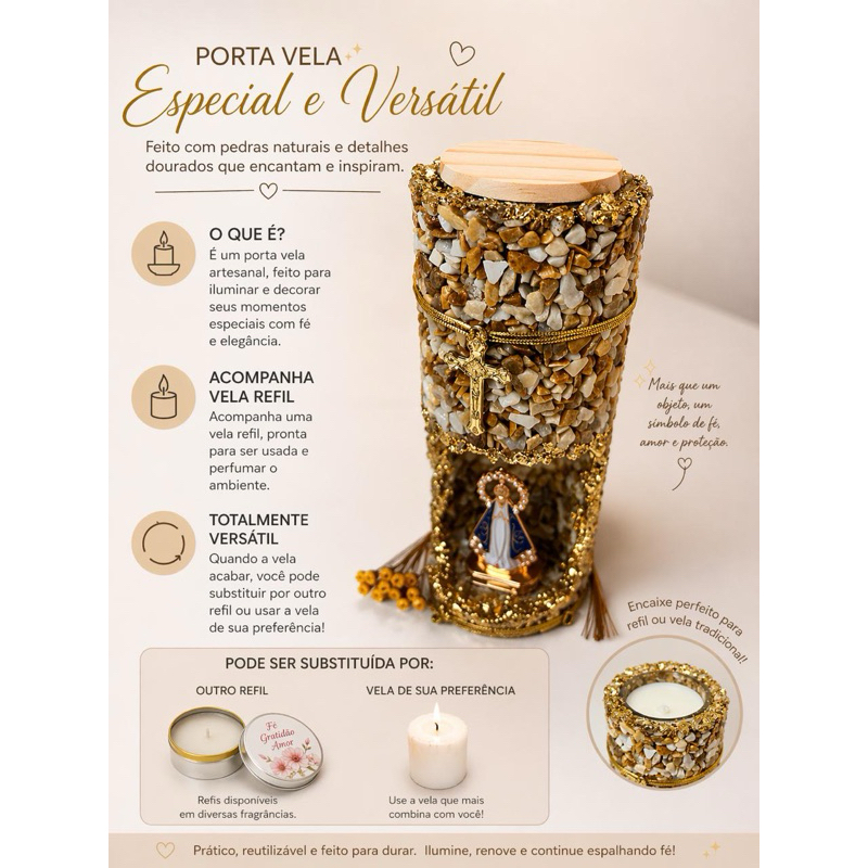 Vela Oratória Nossa Senhora Aparecida Porta Vela Decorativo Artesanal com Pedras Naturais