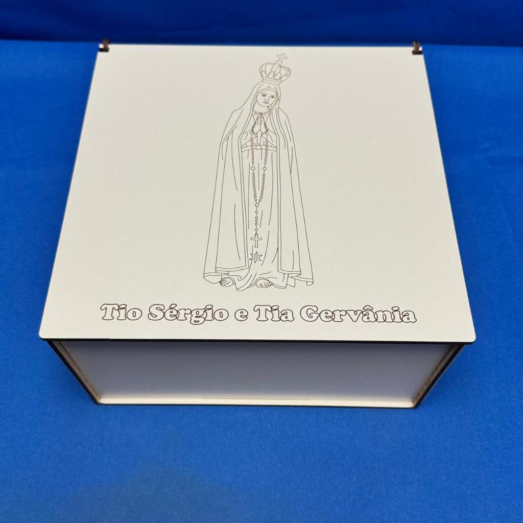 Caixa Batizado Nossa Senhora de Fátima Personalizada, MDF Branco, Batismo, Casamento, Lembrança