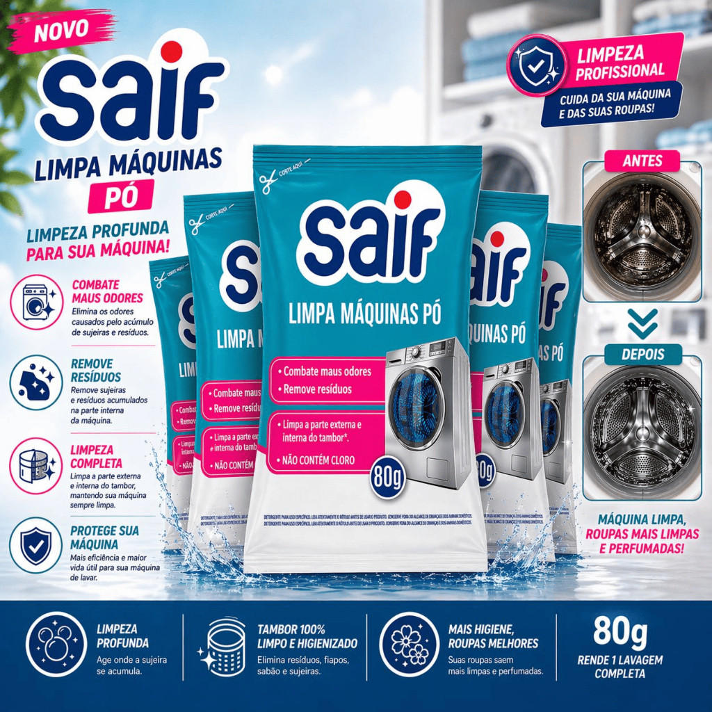 Limpa Máquina de Lavar Roupa Saif 80g - Sachê Pó Limpeza Profunda - Kit C/ 5, 3 e 1 Unidades