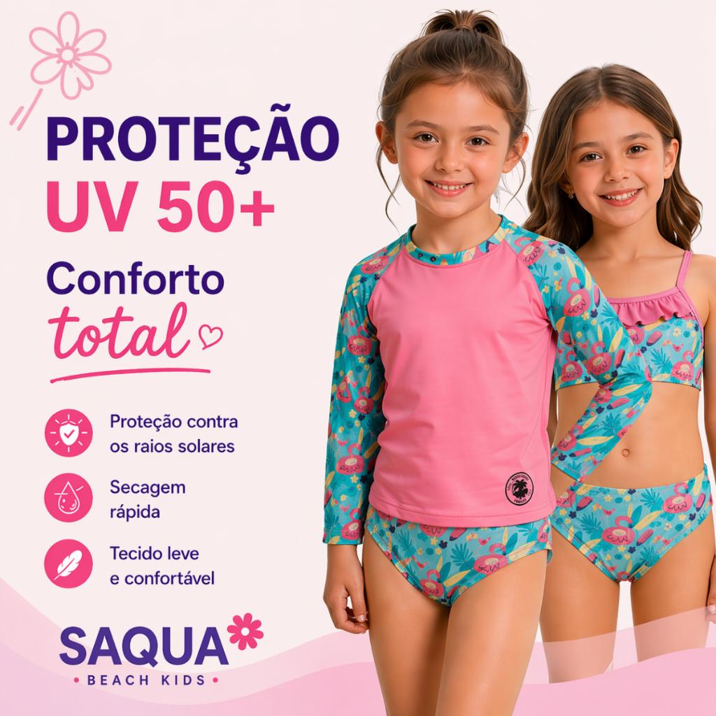 CONJUNTO UV INFANTIL 3 PEÇAS PROTEÇÃO UV 50+ 2 AO 16 ANOS CAMISA + BIQUÍNI