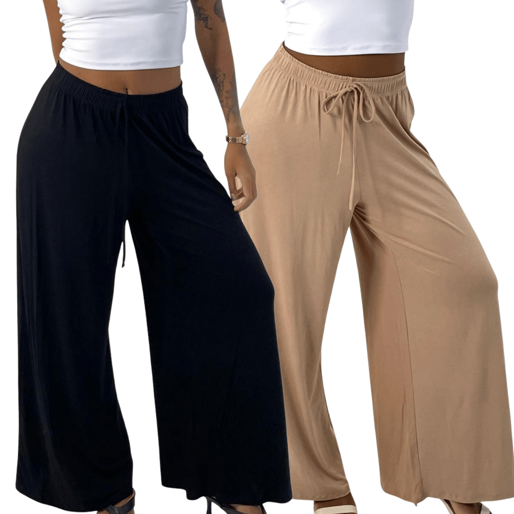 KIT 2 Calça Feminina Pantalona Cintura Alta Viscolycra Premium Soltinha com Perna Larga Flare