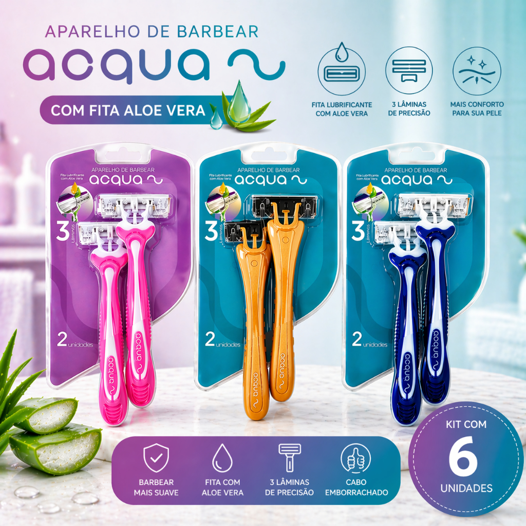 Kit 6 Aparelhos de Barbear Depilar Acqua 3 Lâminas com Fita Aloe Vera Barbeador Masculino e Feminino Azul Rosa Sortido
