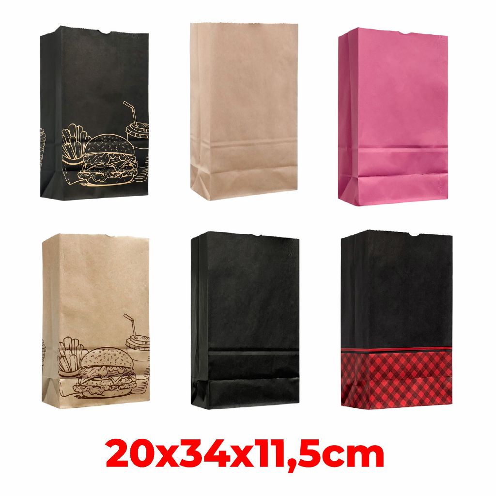 300 Sacos Kraft Delivery Tamanho Médio 20x34x11,5 Xadrez Pardo Kraft Natural Preto Hamburguer