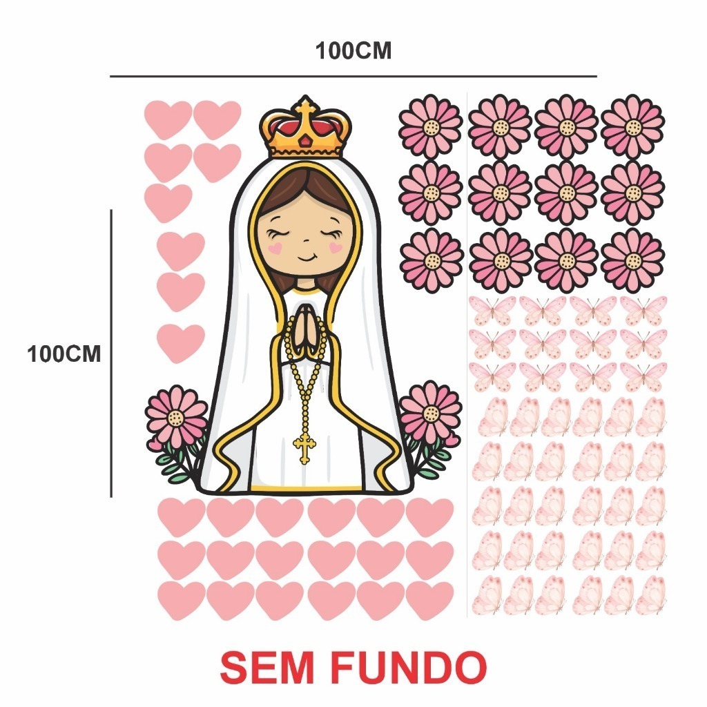 Adesivo De Parede Em Recorte sem fundo Nossa Senhora De Fátima Corações E Flores
