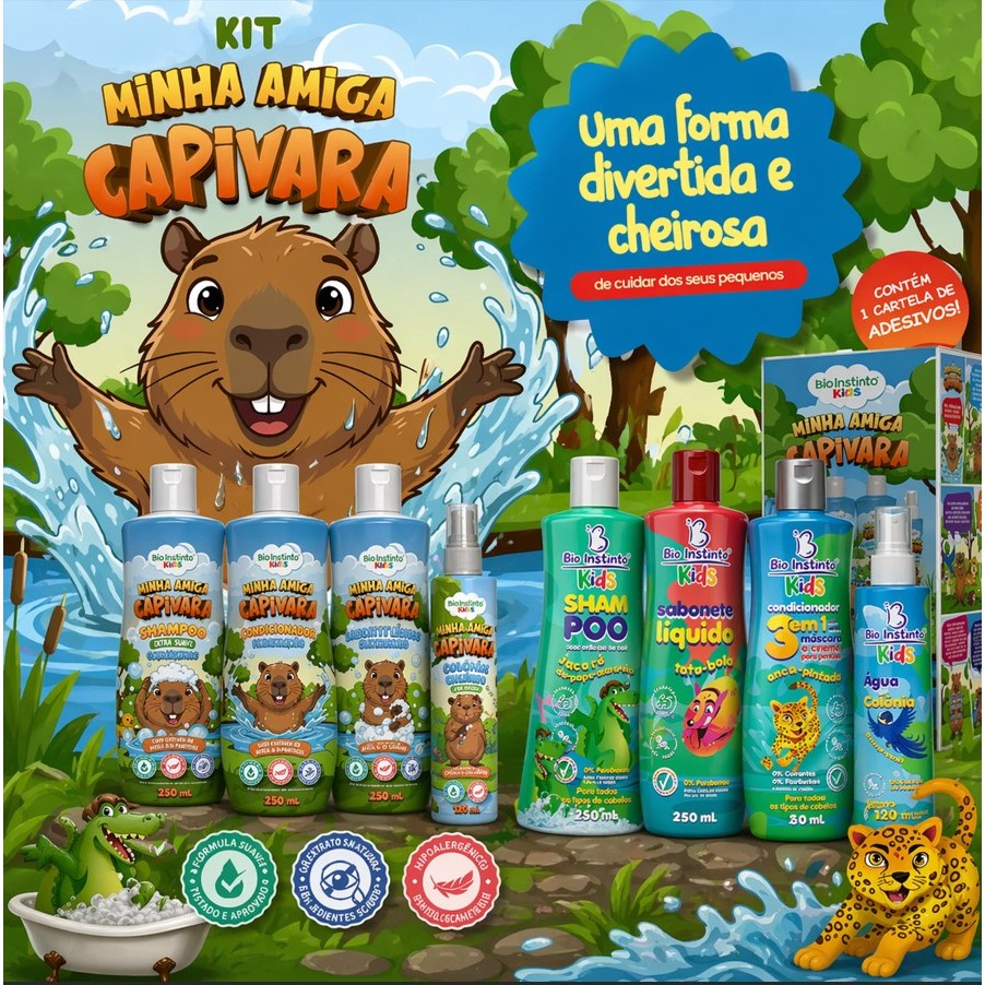 Kit Infantil Cabelo e Corpo Animais - Shampoo Condicionador Sabonete Líquido Água de Colônia 4 Itens