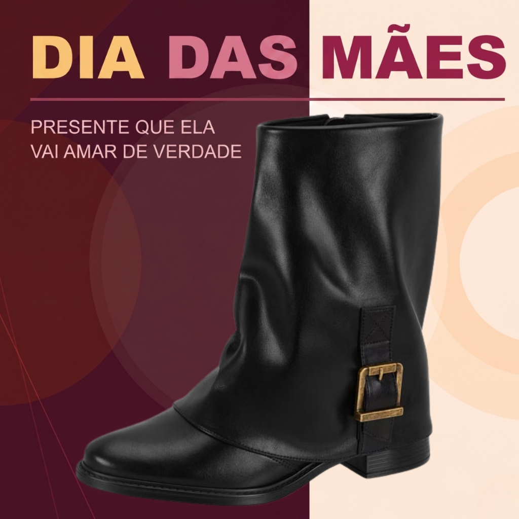 Bota Vizzano Capa Sobreposta Country Cano Médio Confortável Feminina Zíper Bico Fino Detalhe Fivela