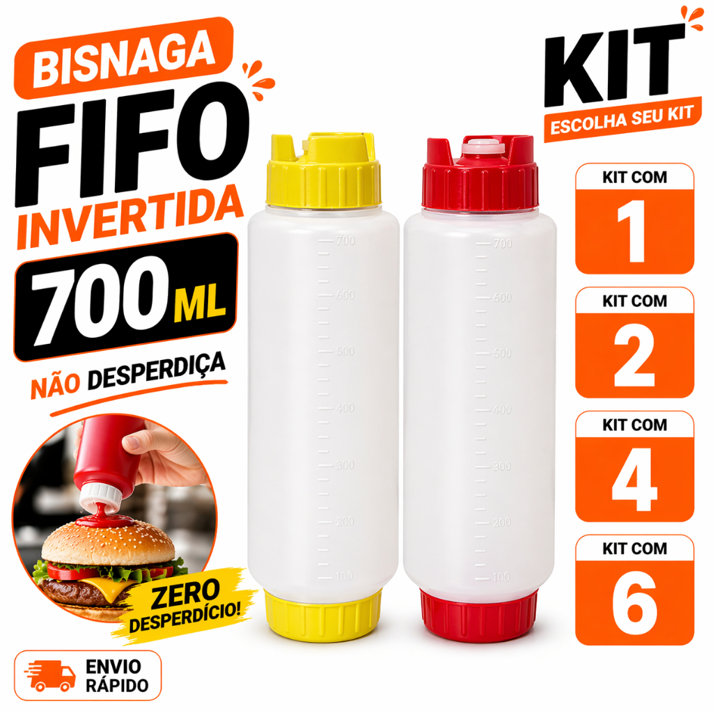 Bisnaga Molho 700ml FIFO Invertida Cozinha Ketchup Maionese Profissional Kit 1 2 4 6