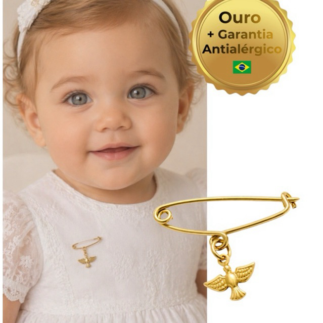 Broche Alfinete Roupa Batismo Espírito Santo Folheado Ouro 18k Antialérgico Batizado Presente Bebê Criança