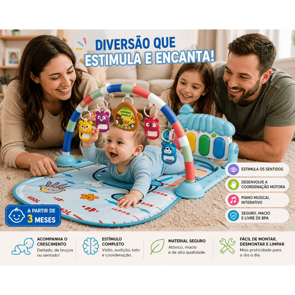Tapete Bebê Atividades Musical com Piano Interativo Azul Sensorial Educativo +3 Meses Inmetro Seguro
