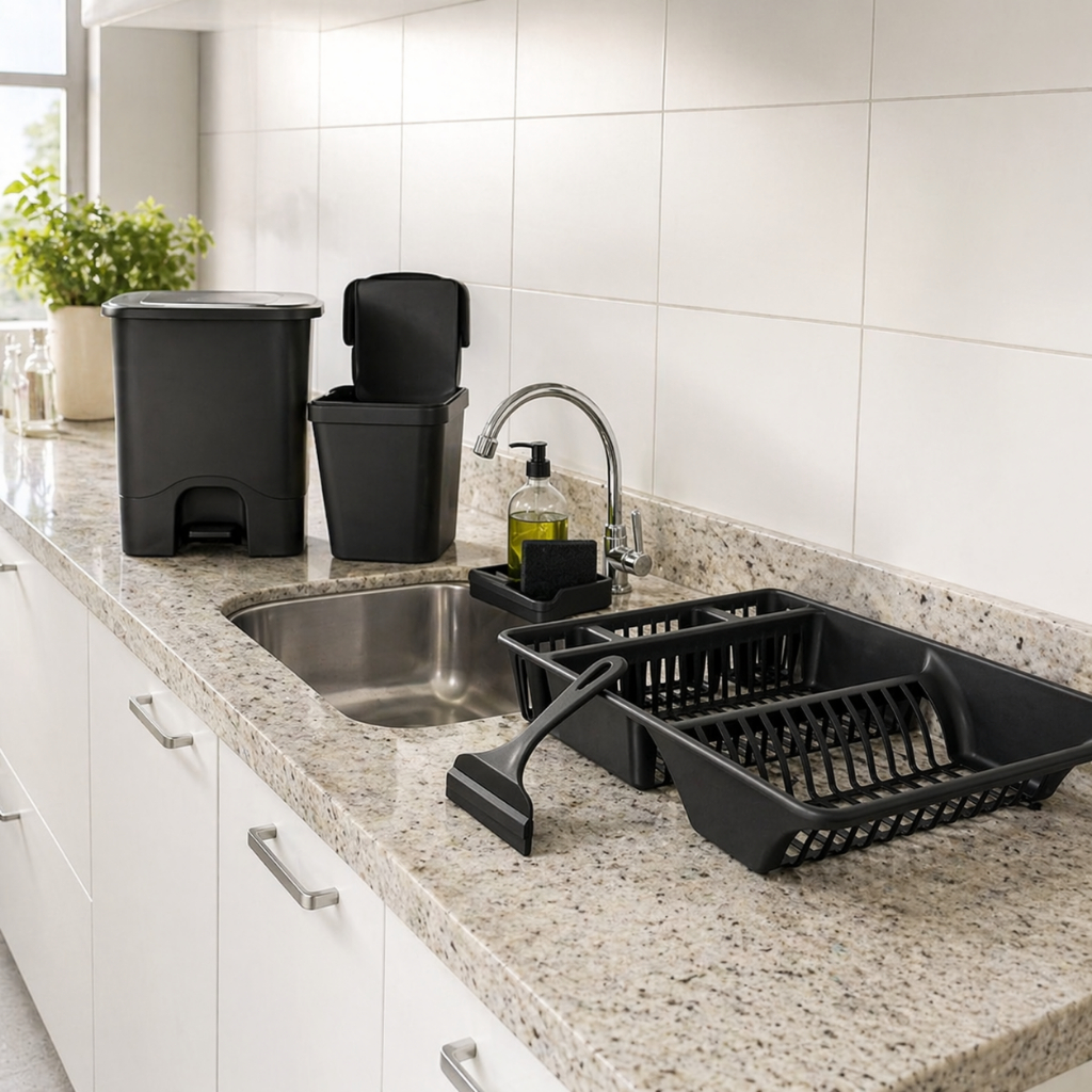Conjunto Elegance Lixeira Pedal 13 litros  Lixeira de Pia 4,8 litros, Porta Detergente, Rodinho de Pia Conceptl
