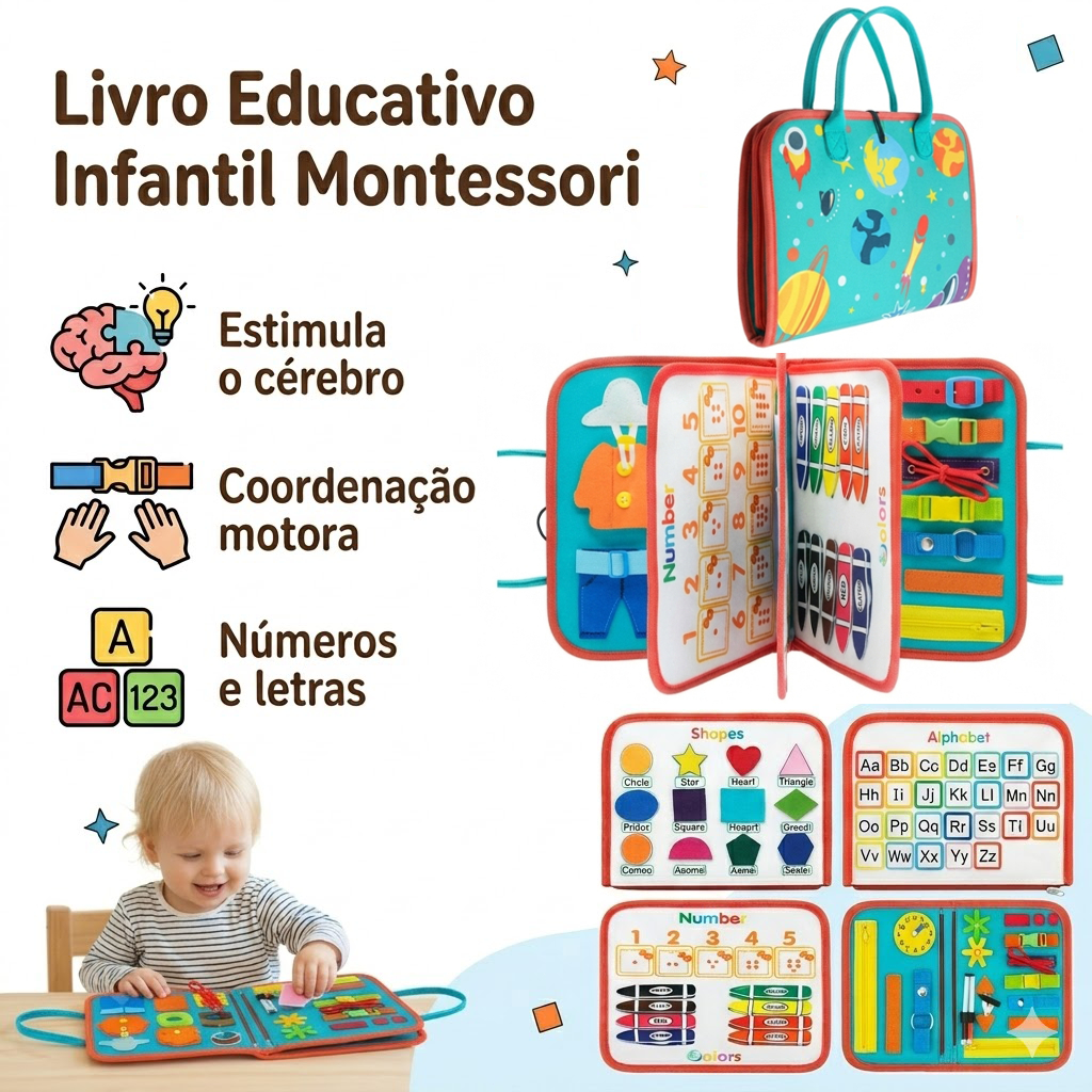 Montessori Livro Sensorial Infantil Educativo Busy Book 2 em 1 | Aprender Cores Números Formas + Coordenação Motora Fina