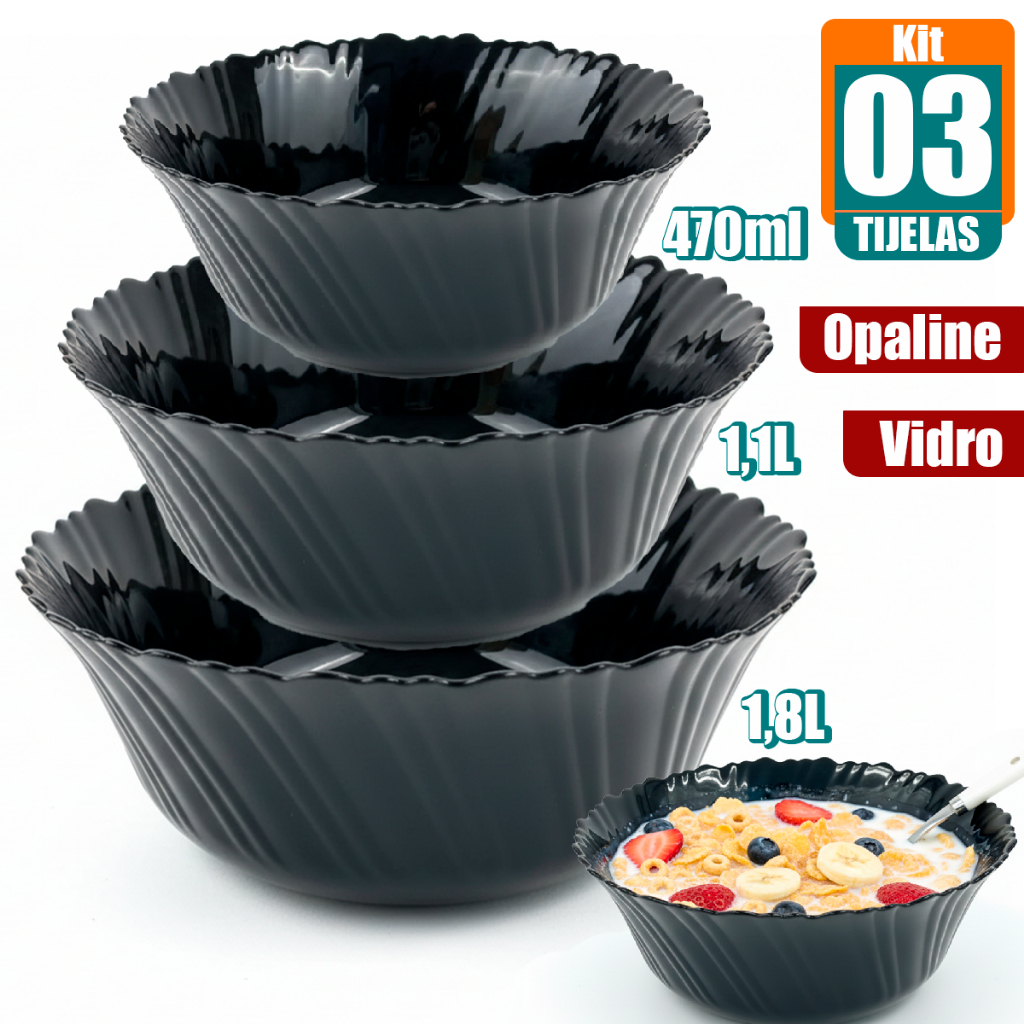 Jogo kit 03 Tigelas Redonda vidro trabalhado opaline preto Black Canelada 470ml/1130ml/1800ml
