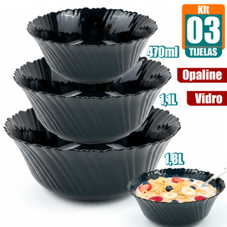 Jogo kit 03 Tigelas Redonda vidro trabalhado opaline preto Black Canelada 470ml/1130ml/1800ml