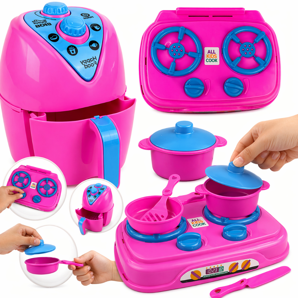 KIT COZINHA INFANTIL COM FOGÃO + AIRFRYER + JOGO DE JANTAR PANELINHAS  peças