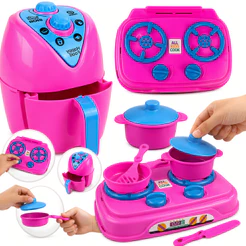 KIT COZINHA INFANTIL COM FOGÃO + AIRFRYER + JOGO DE JANTAR PANELINHAS peças