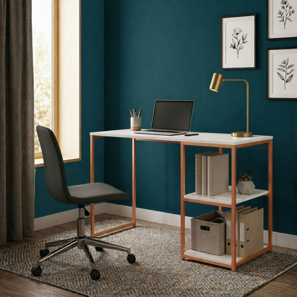 Mesa Escrivaninha Industrial Berlim com Prateleiras Tampo Madeira 110x46cm Base de Ferro Home Office