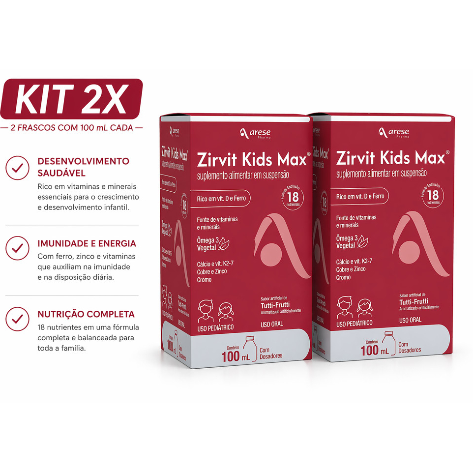Kit 2 Zirvit Kids Max 100ml 18 Nutrientes + Ômega 3 Vitamina D Ferro Infantil