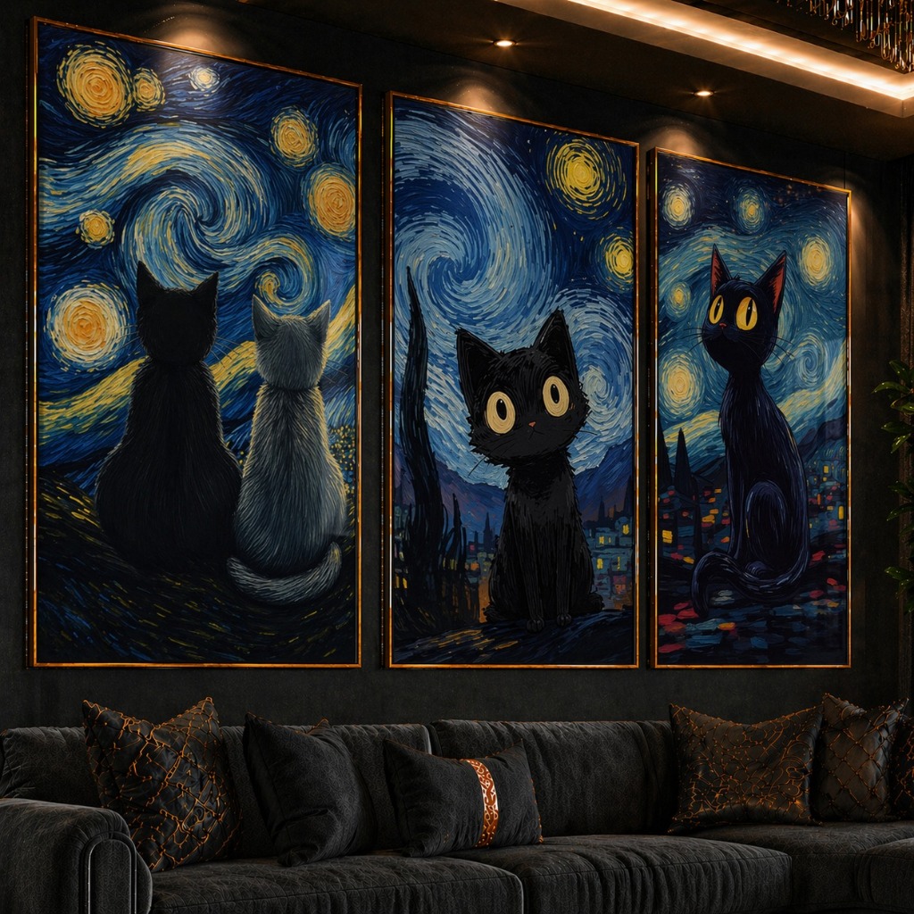 Kit 3 Quadros Decorativos Gatos Estilo Noite Estrelada  Van Gogh – Arte Criativa para Sala ou Quarto