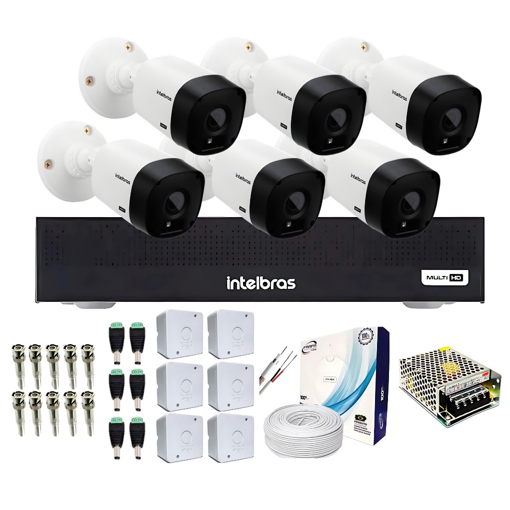 Kit 6 Câmeras intelbras VHL 1120 Bullet infra vermelho DVR 8 Canais intelbras MHDX 1208-C DA MultiHD H265+ IA