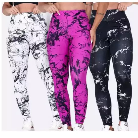 Kit 3 Calças Legging Feminina Marmorizada Tie-Dye Cintura Alta Fitness Para Treino Academia Yoga — imagem 1