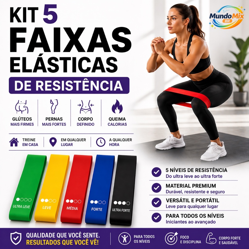 Kit 5 Elásticos Academia Faixa Elástica Exercício Treino Casa Musculação Fitness Fisioterapia