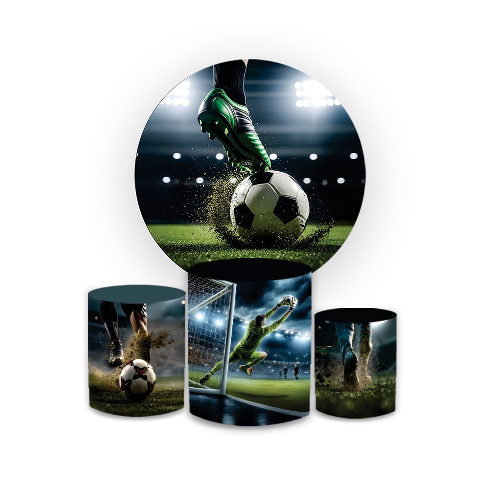 Trio Capas Cilindro + Painel Redondo Futebol Bola no Campo Chute no Gol Festa Copa