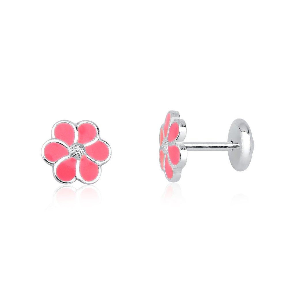 Brinco florzinha resinada rosa infantil ou segundo furo prata 925