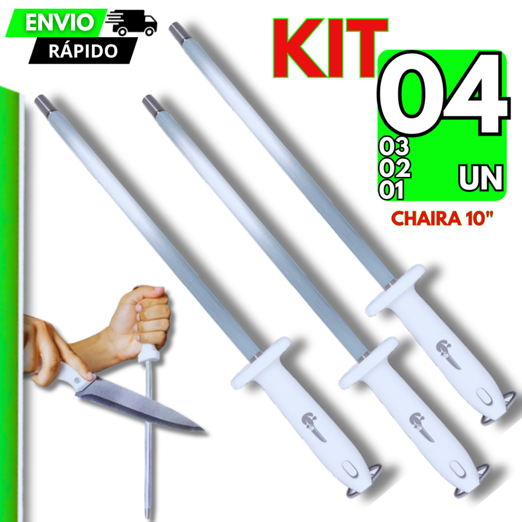 04/3/2/1 Chaira Profissional 10" Aço Inox Cutelo Faca Açougues Churrasco Rodízios Boutiques Carne