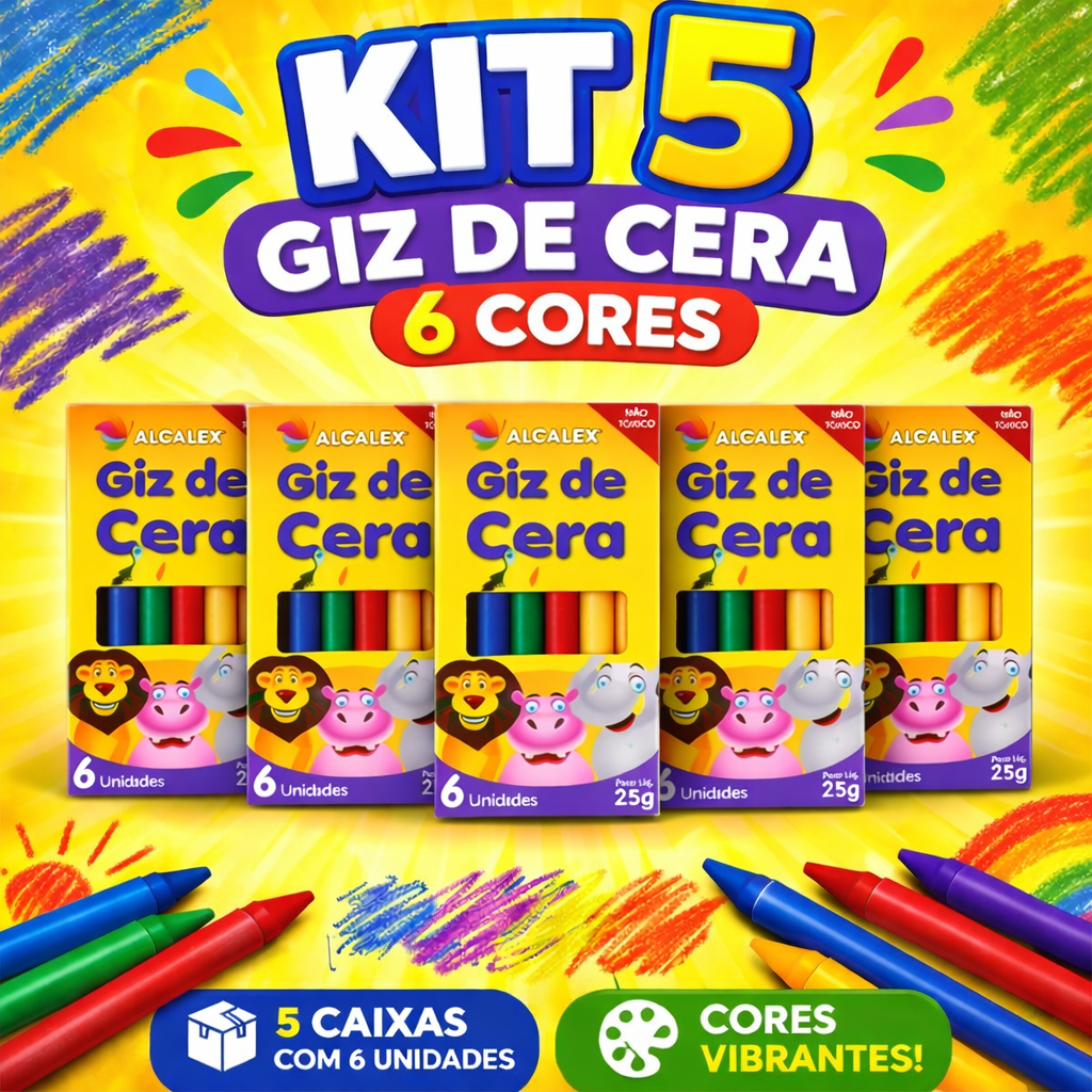 5 cx Giz de Cera Infantil 6 Cores  p/ Kit Festa Lembrancinha Infantil  Prenda