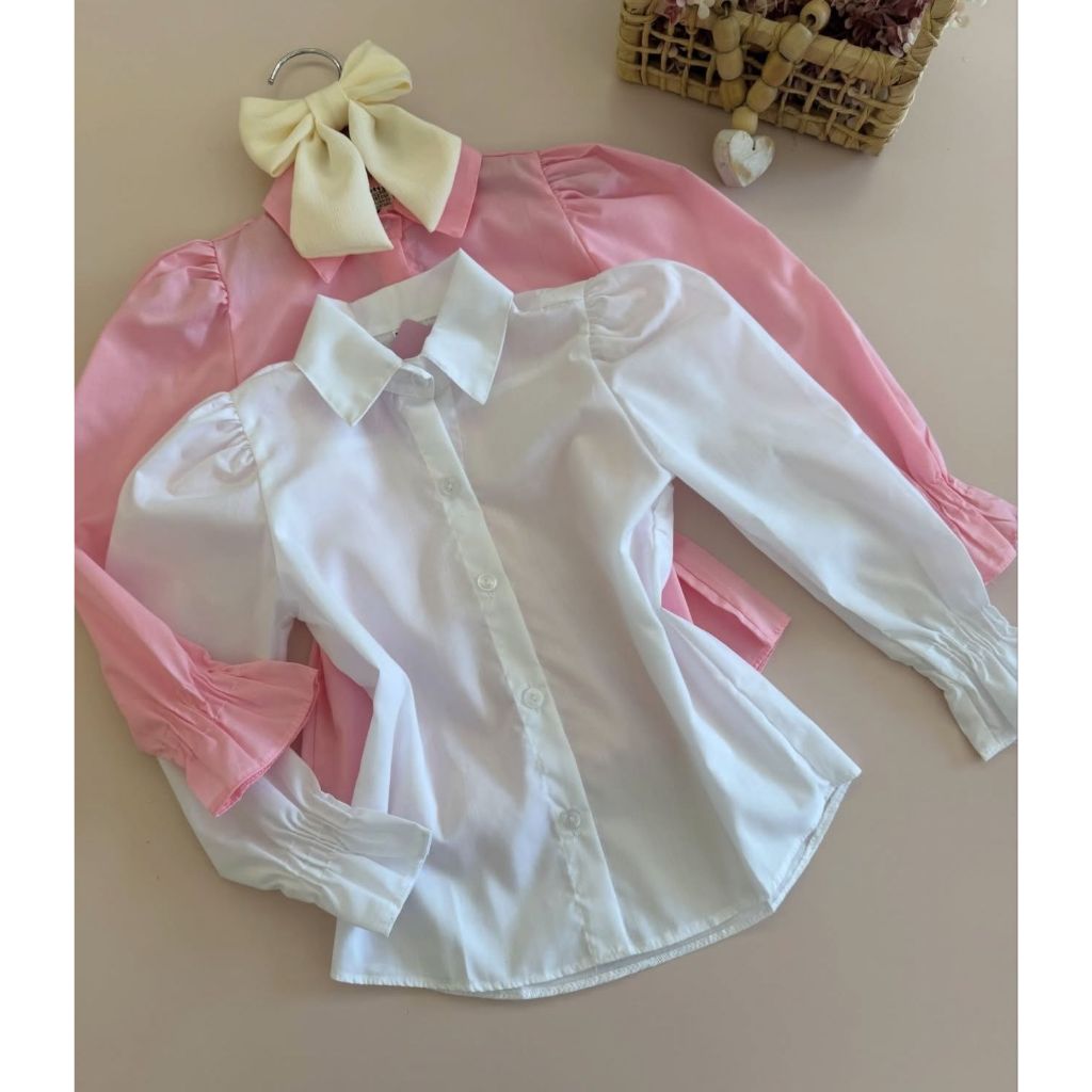 Camisa Social Infantil Alfaiataria Mangas Bufantes Rosa e Branco Elegante
