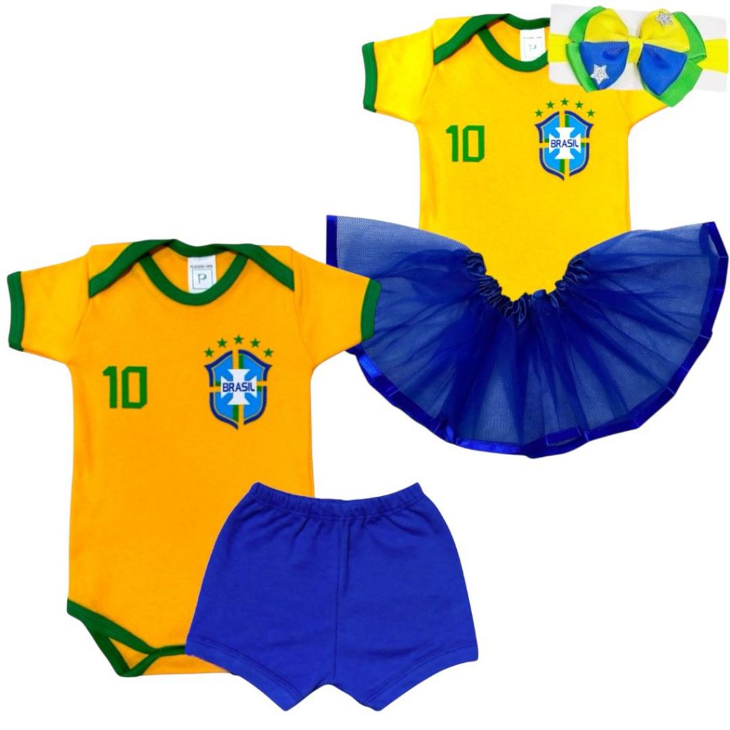 Kit Body Bebê Seleção Brasileira + Acessório Temático Menino Menina Copa do Mundo